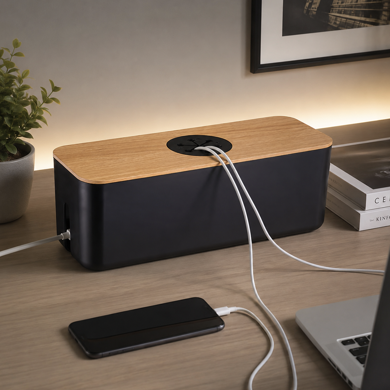 Dust-Proof Cable Management Box with Wooden Lid