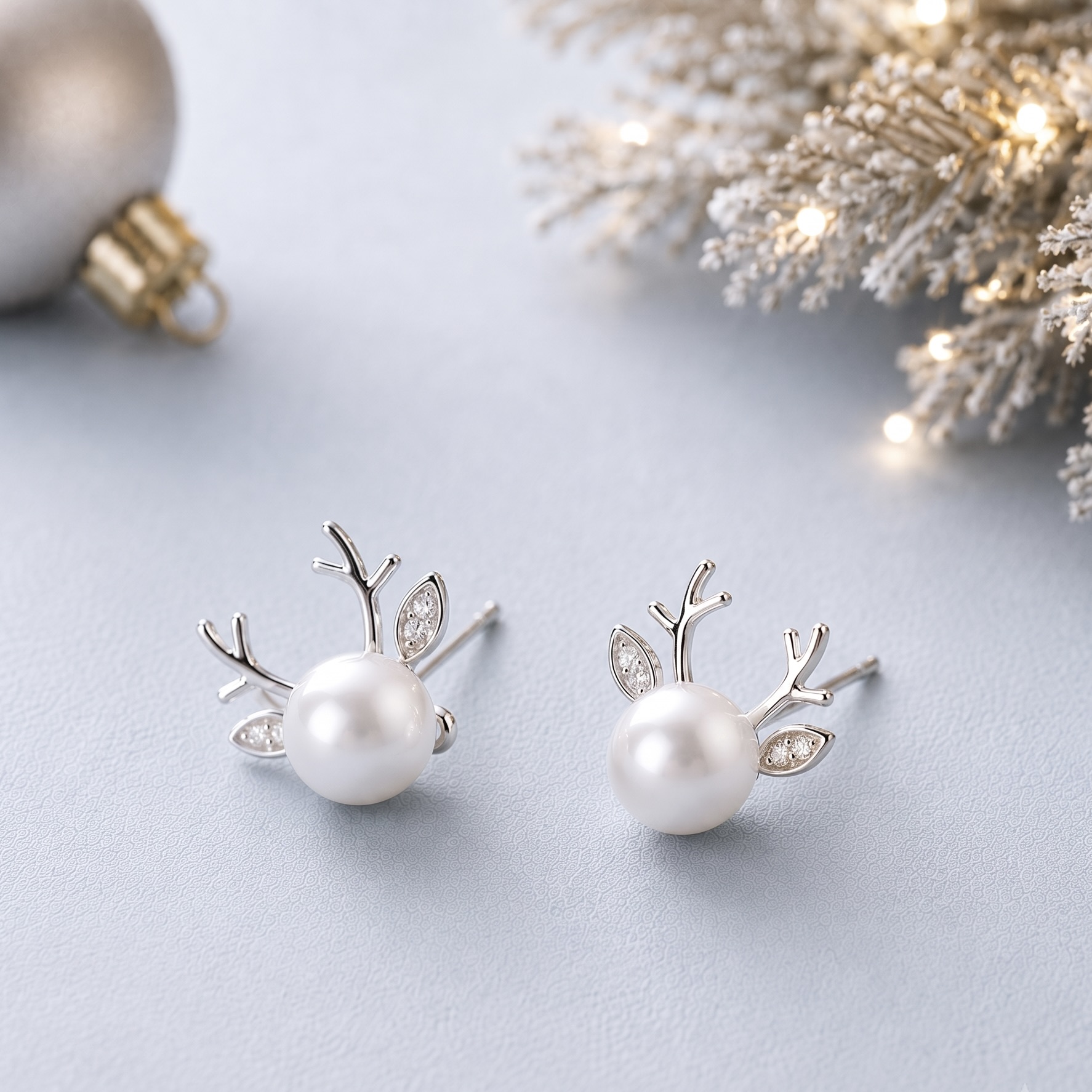 Genuine Sterling Silver Pearl Reindeer Earrings