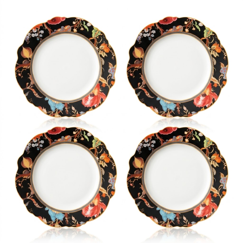 4x New Bone Midnight Bloom Dinner Plates