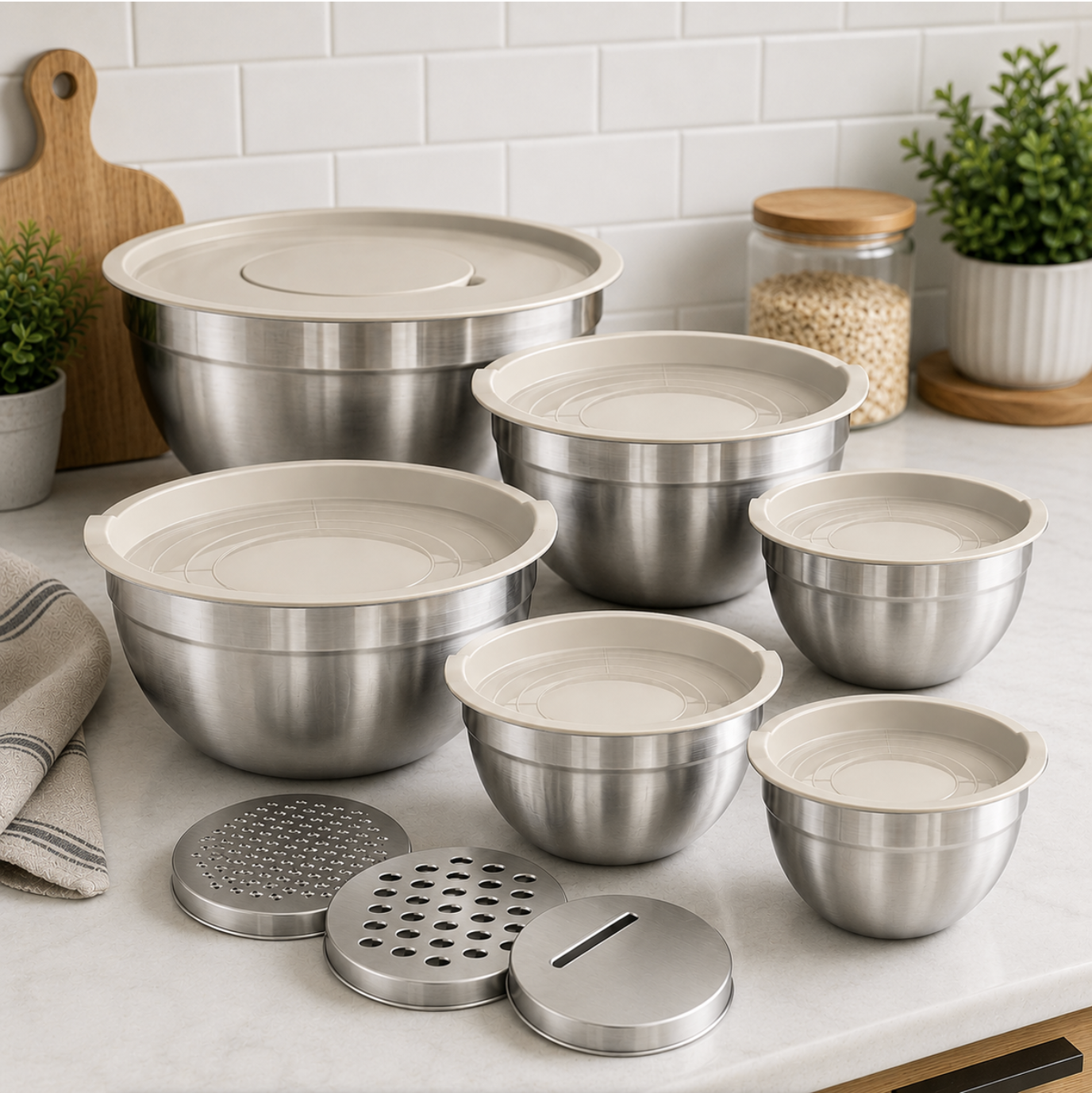 12-Piece Stainless Steel Mixing Bowl Set with Grater Attachments