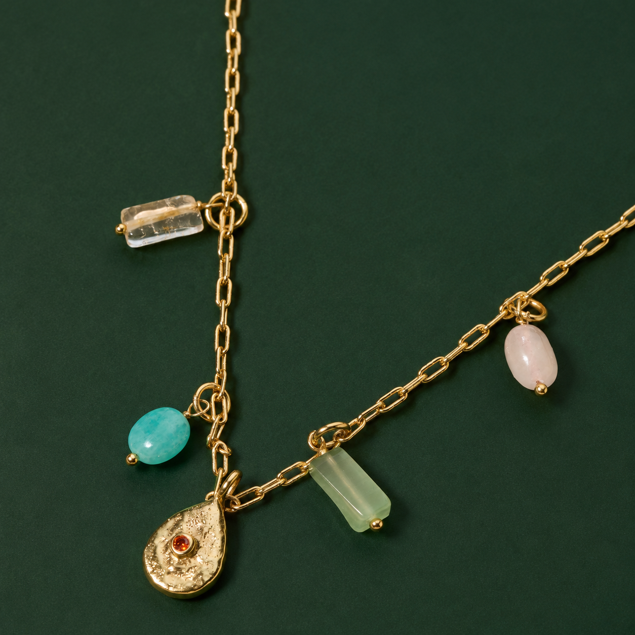 18k Gold-Plated Charm Necklace with Semi-Precious Stones