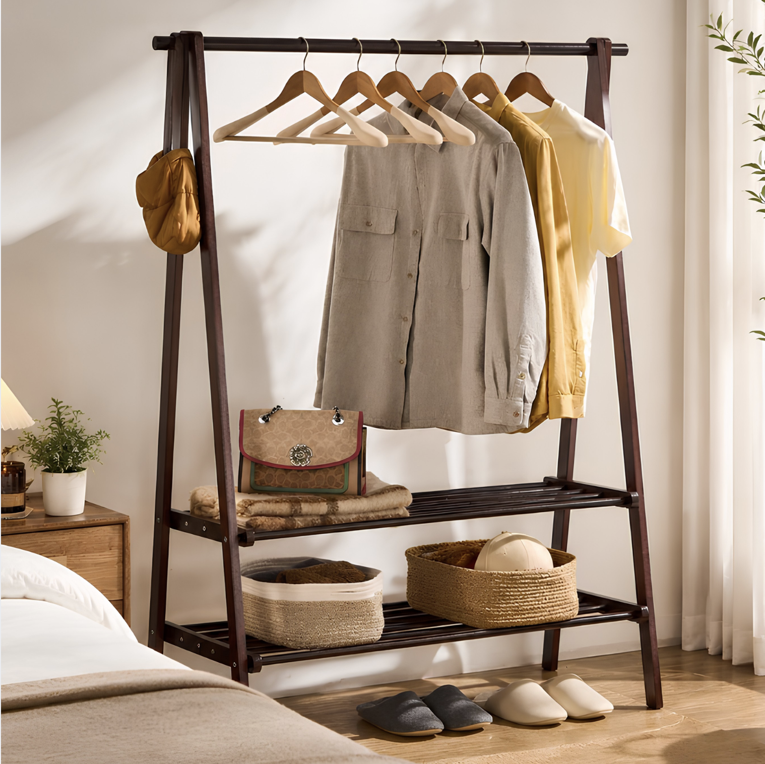 120cm Wooden Garment Rail with Shoe Storage