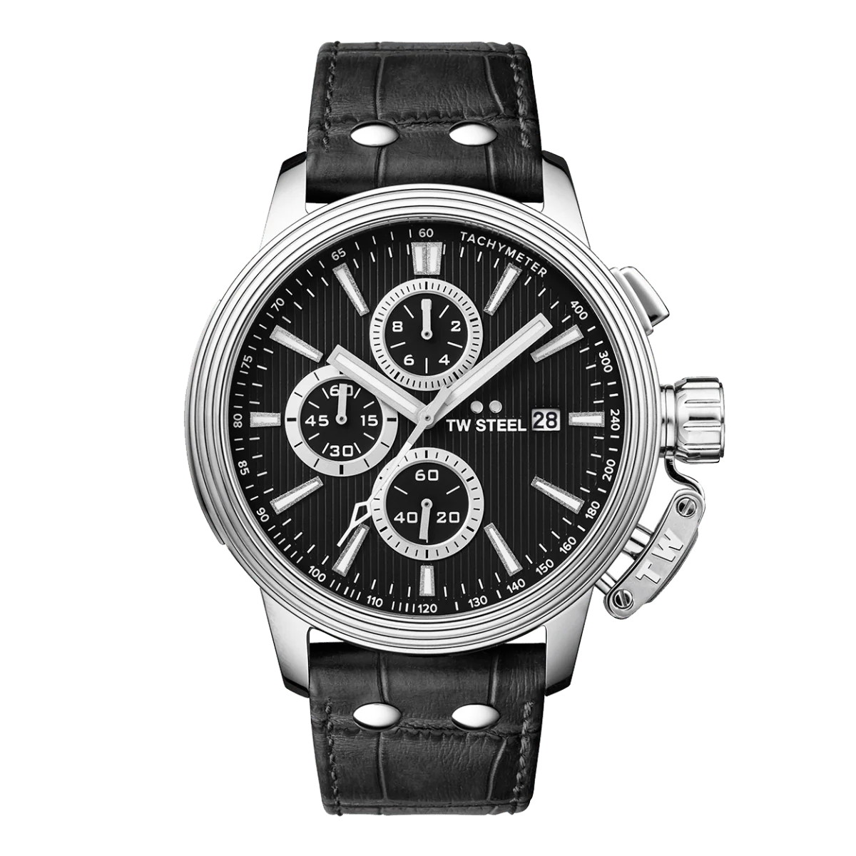 Men's 48mm Black Dial and Black Leather Strap Watch