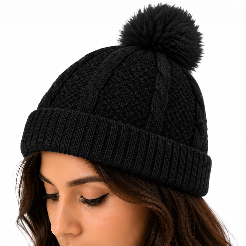 Fleece Lined Cable Knit Pom Pom Beanie