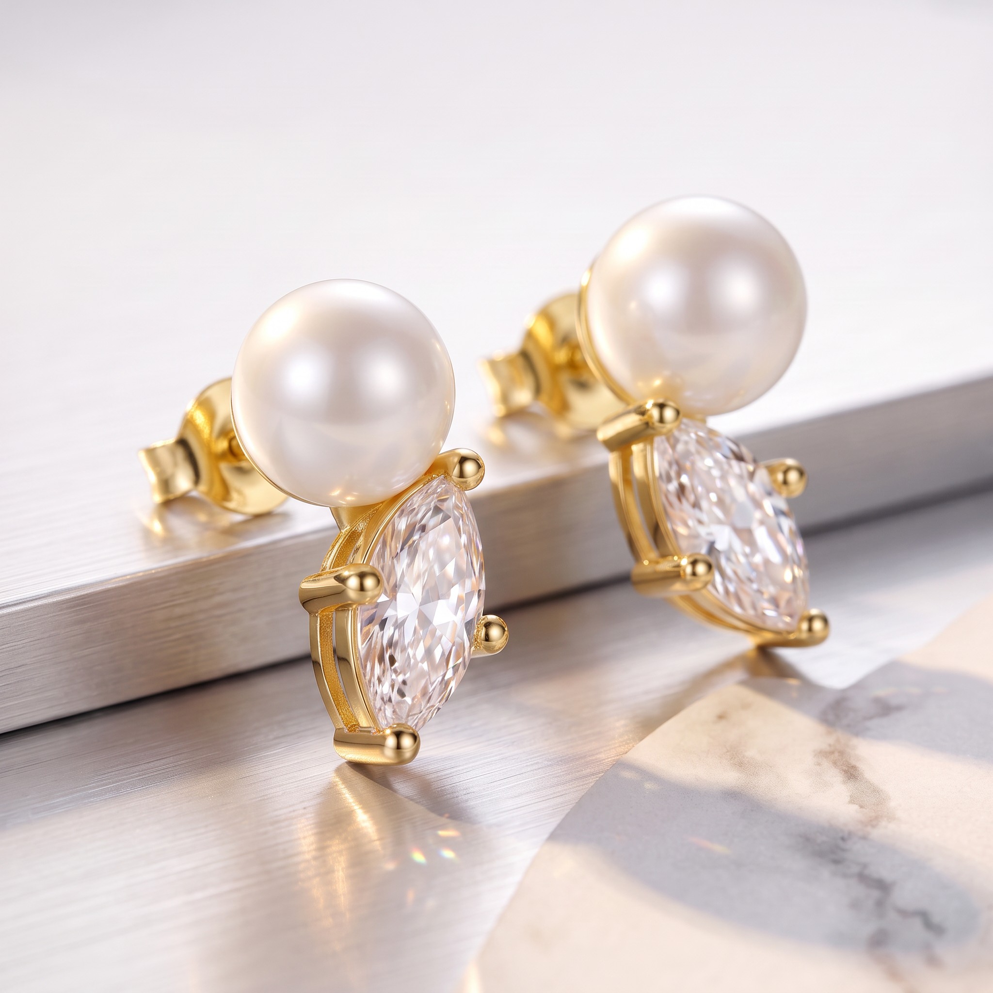 Daphne Dainty Studs with Swarovski Pearl & Marquise Crystal