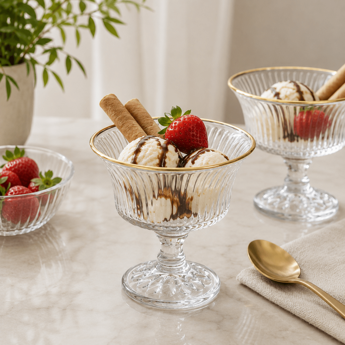 6x Stemmed Gold-Rim Dessert Glasses