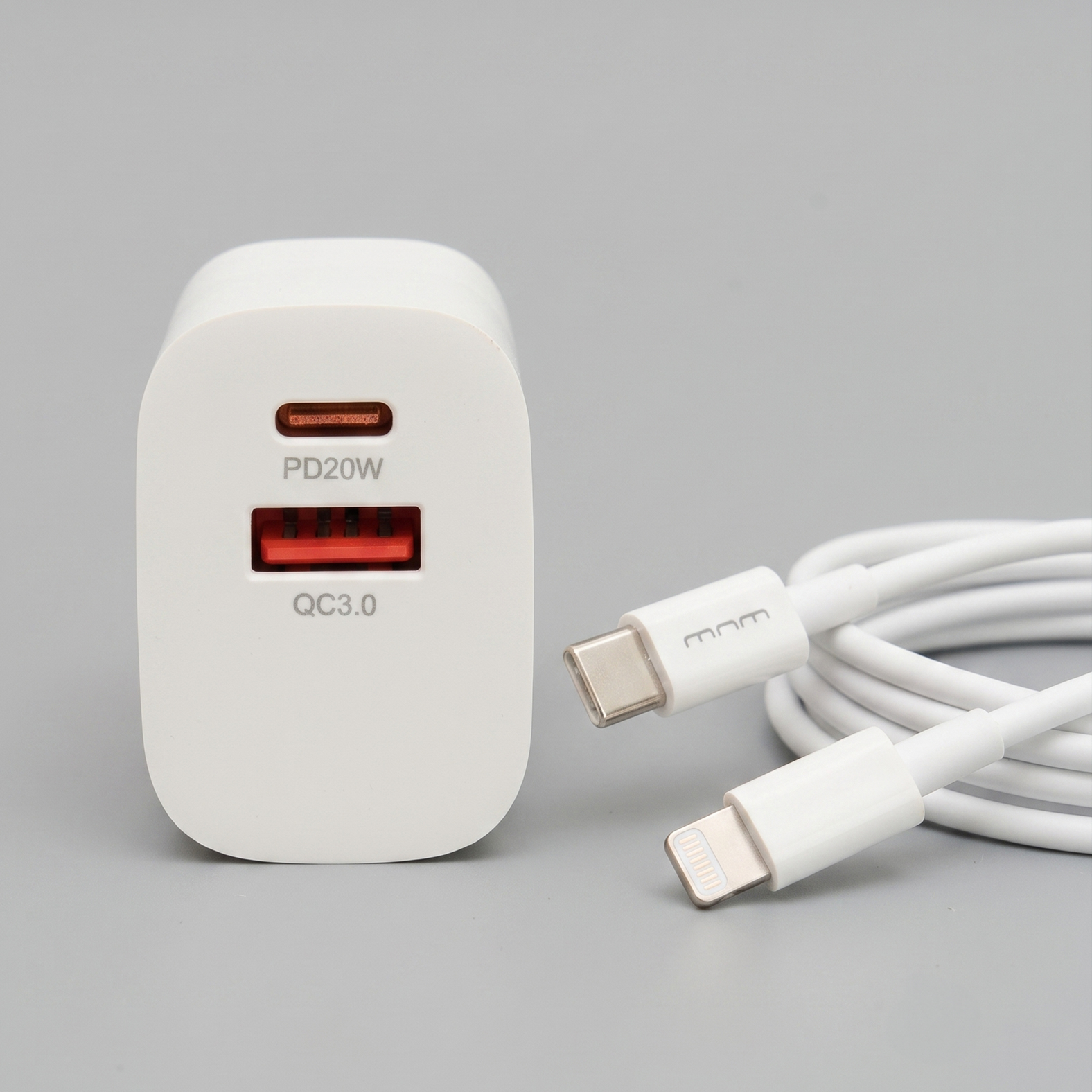 Dual Port Charger Block with Type-C to Lightning Cable