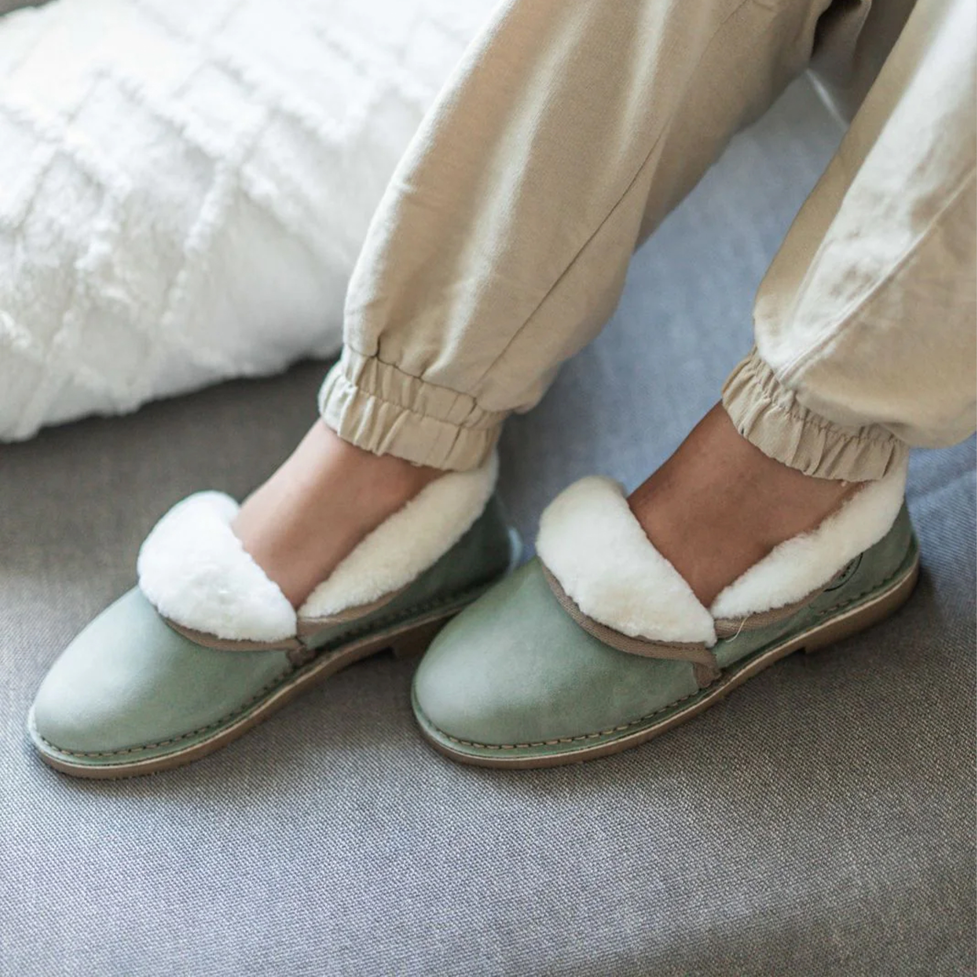 Ladies Sage Genuine Leather Sheepskin Slippers