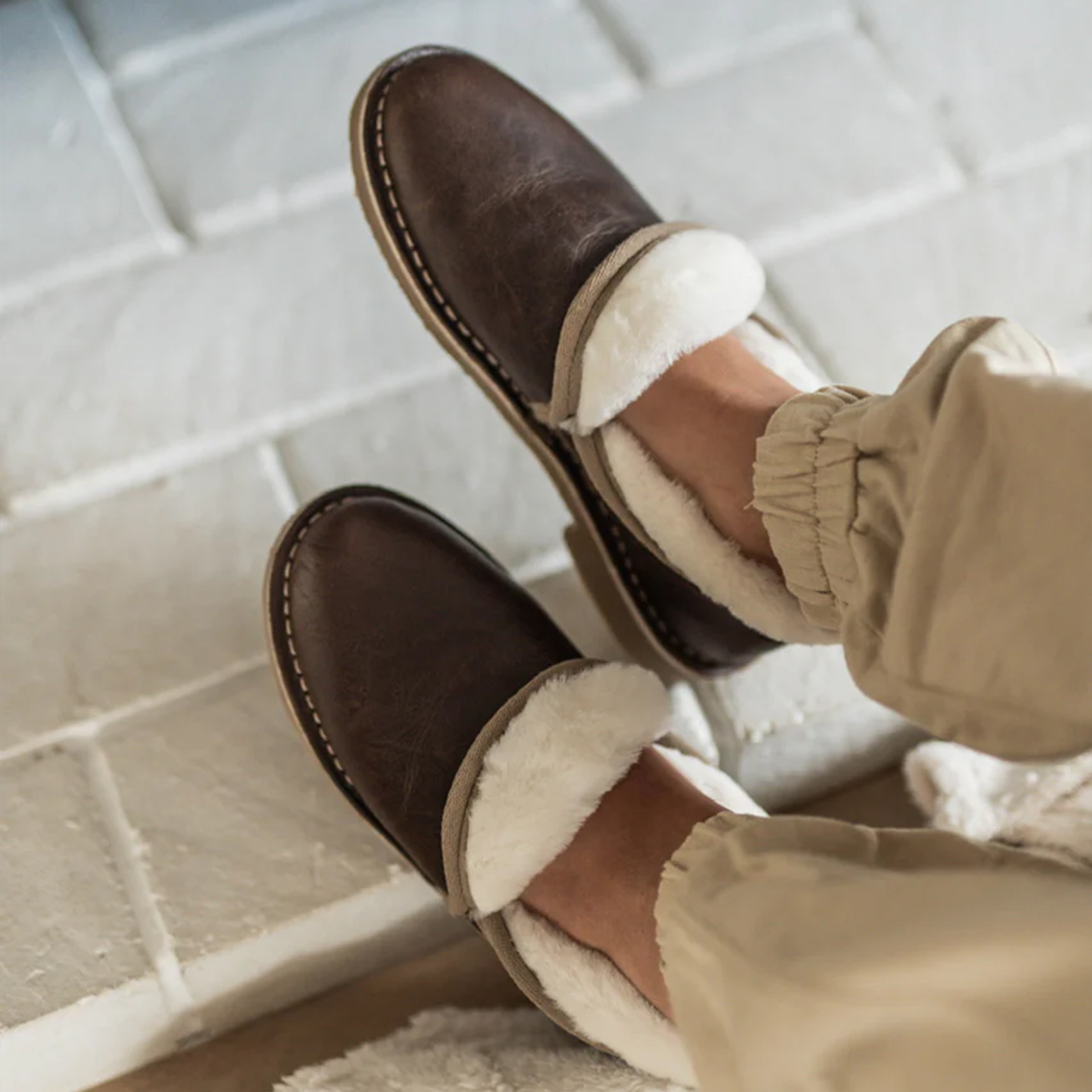 Men's Diesel Brown Genuine Leather Sheepskin Slippers