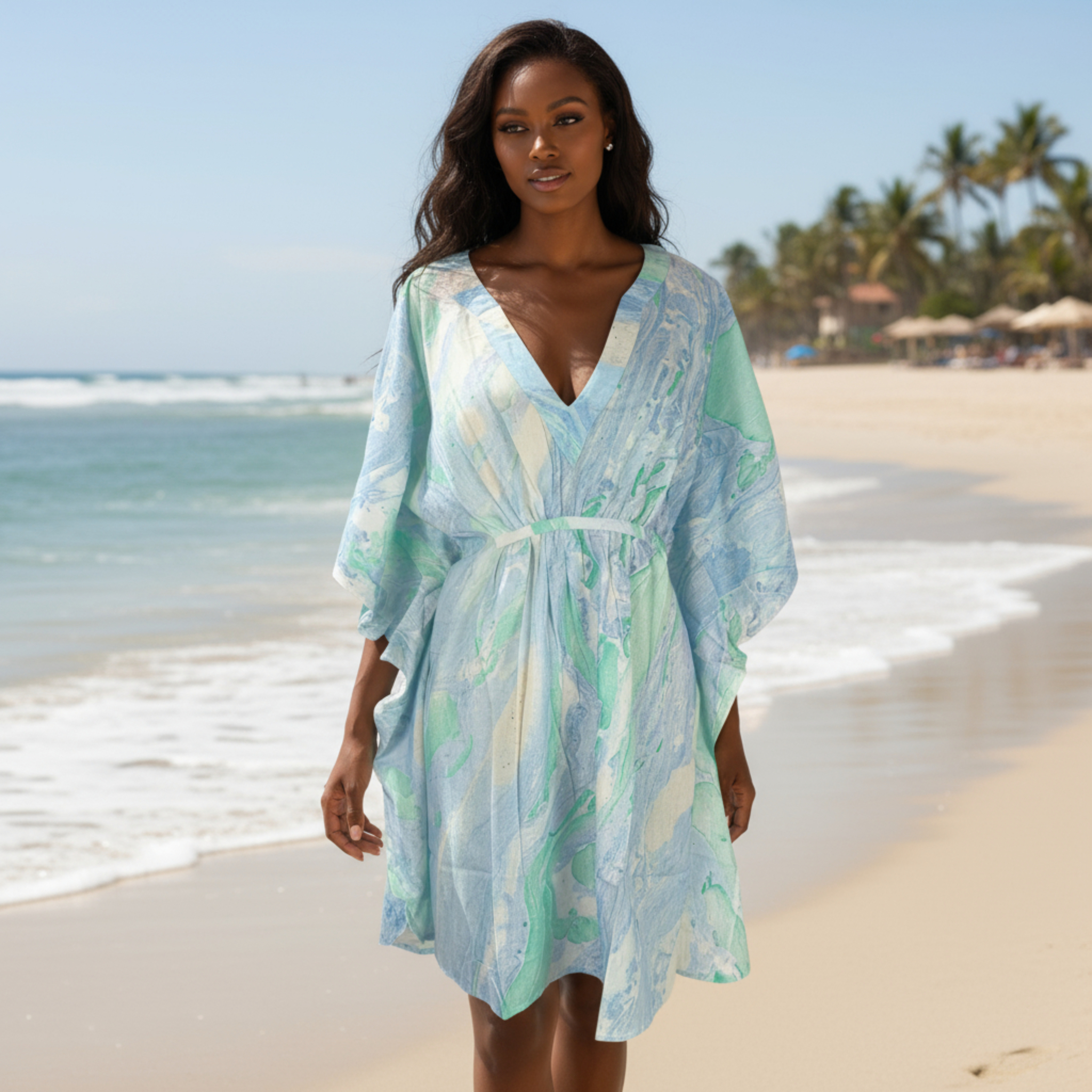 Ladies Marble Print Short Kaftan Dress