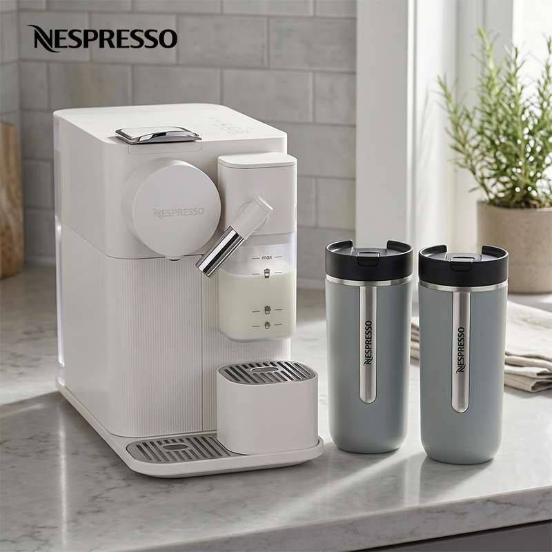 Lattissima One Porcelain Coffee Machine with Smokey Blue Travel Mugs
