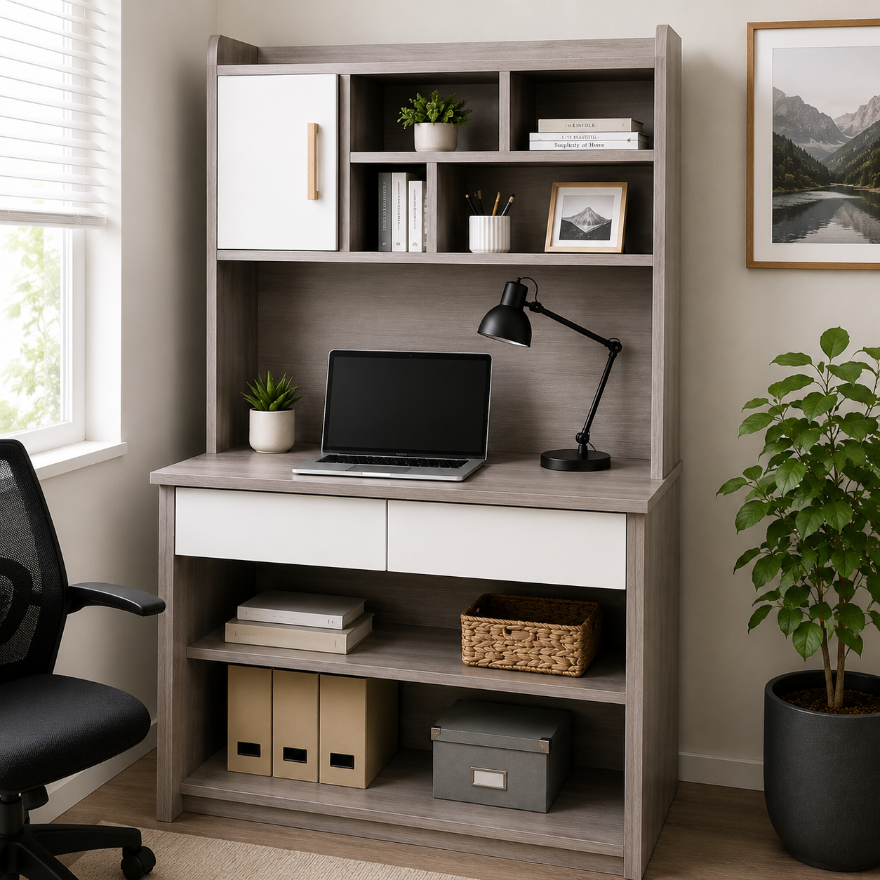 Multi-Storage Office Desk with Hutch and Drawers