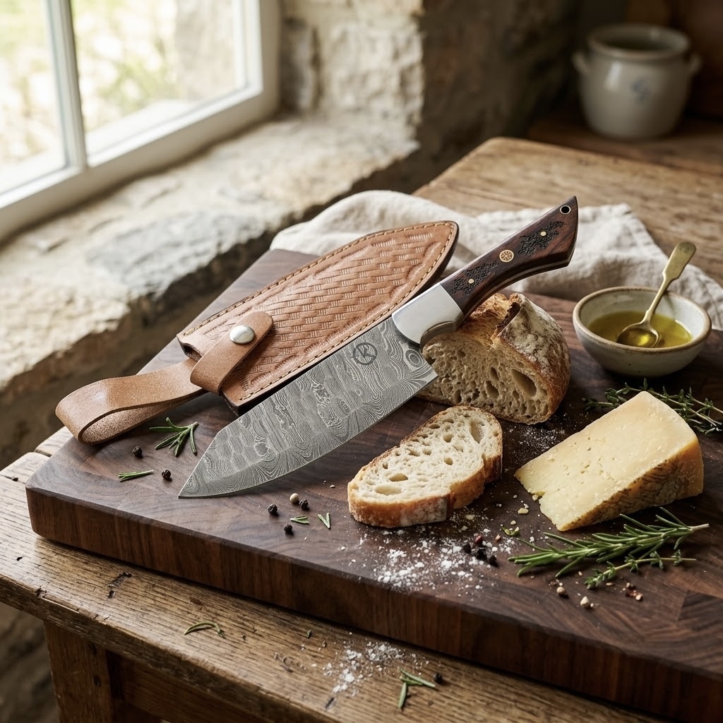 Damascus Steel Santoku Knife with Leather Sheath