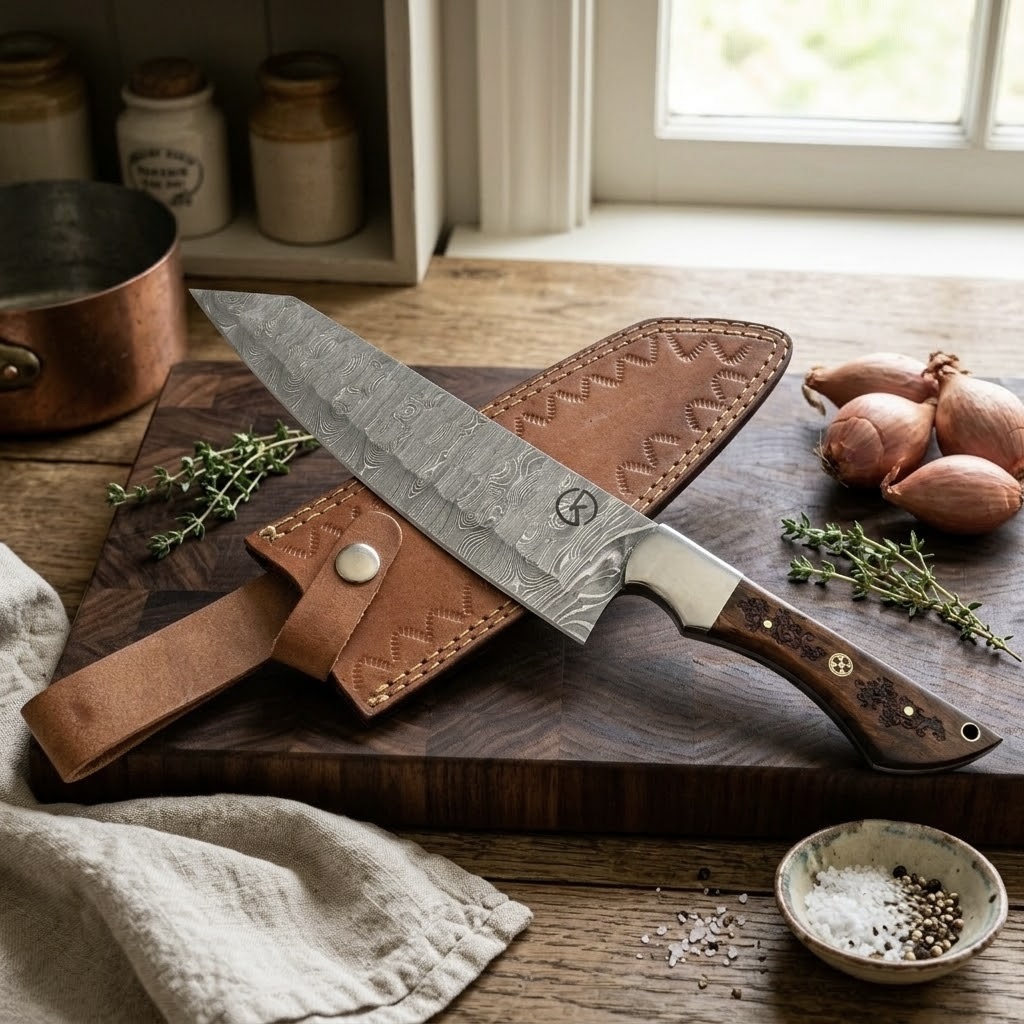 Damascus Steel Kiritsuke Chef's Knife with Leather Sheath