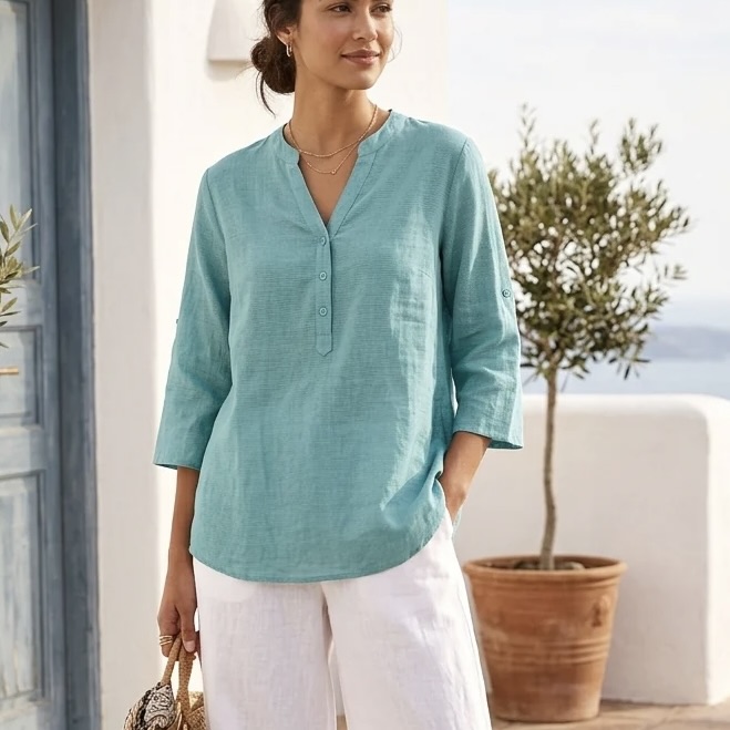 Ladies Linen Cotton Blend V-Neck Tunic Blouse