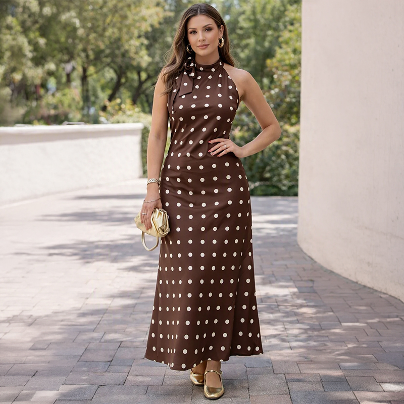Ladies Polka Dot Halter-Neck Maxi Dress