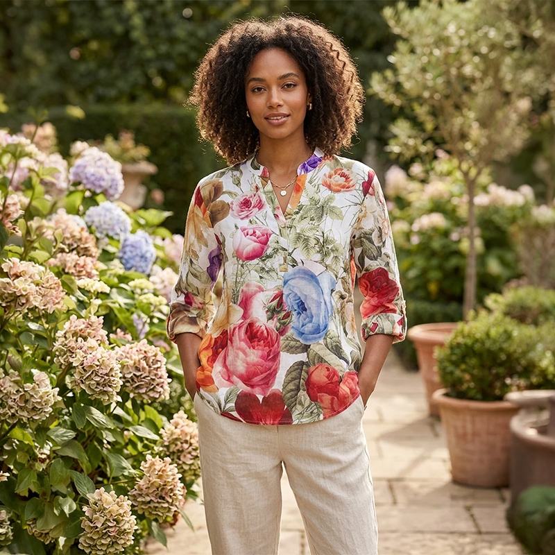 Ladies Cotton Blend 3/4 Sleeve Floral Tunic Blouse