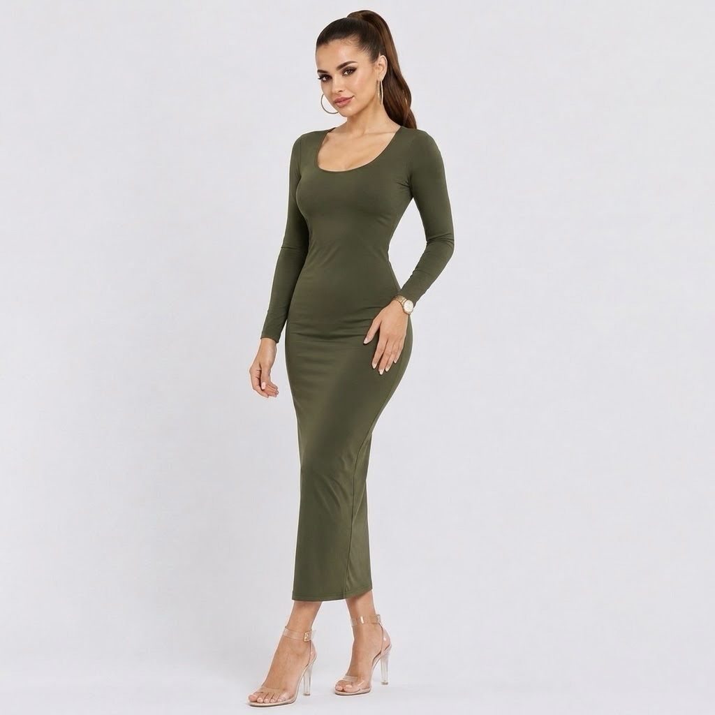 Ladies Willa Skin Tight Long Sleeve Bodycon Square Neck Dress