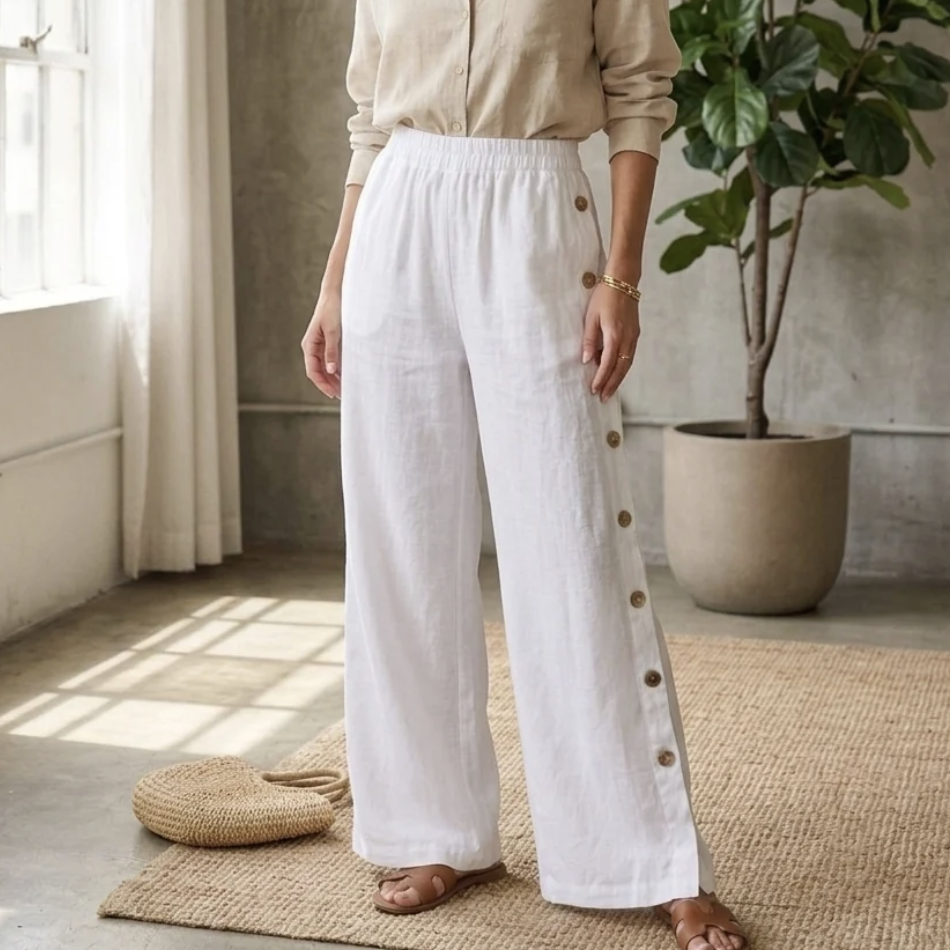 Ladies Side Button Cotton Blend Wide Leg Pants