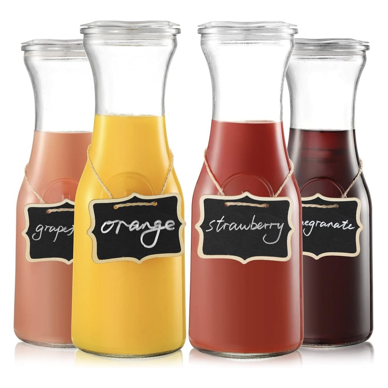 4x 1L Glass Carafes with Lids & Labels