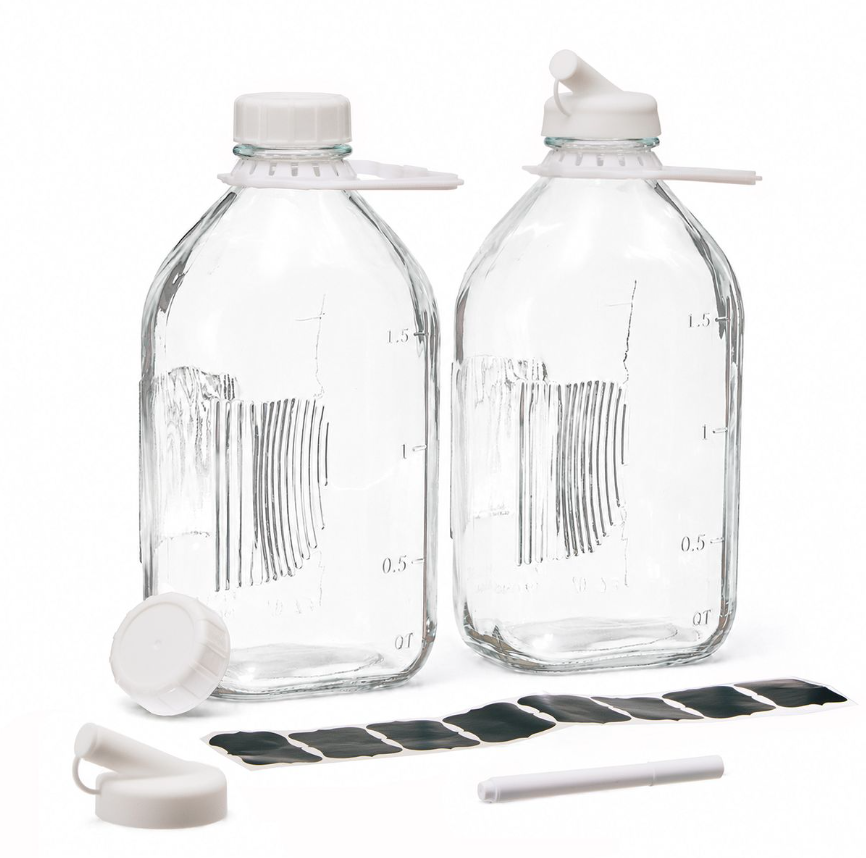 2x 1.9L Glass Milk Containers with Dispensers and Labels