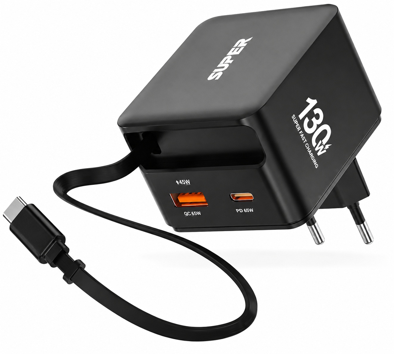 130W Super Fast Charger with 45W Type-C Retractable Cable
