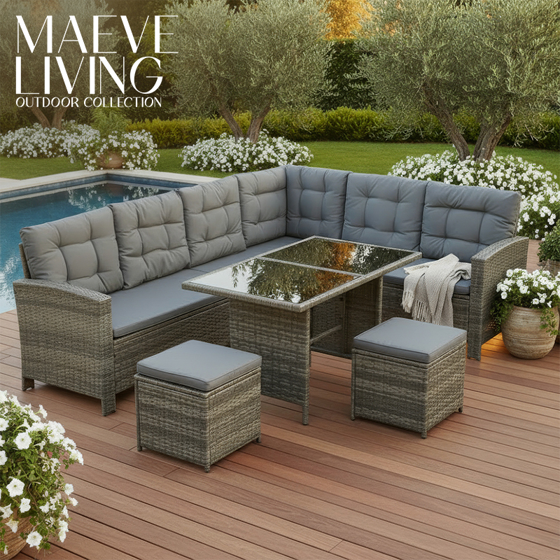 6-Piece Rattan Cushioned Patio Set with Glass Table