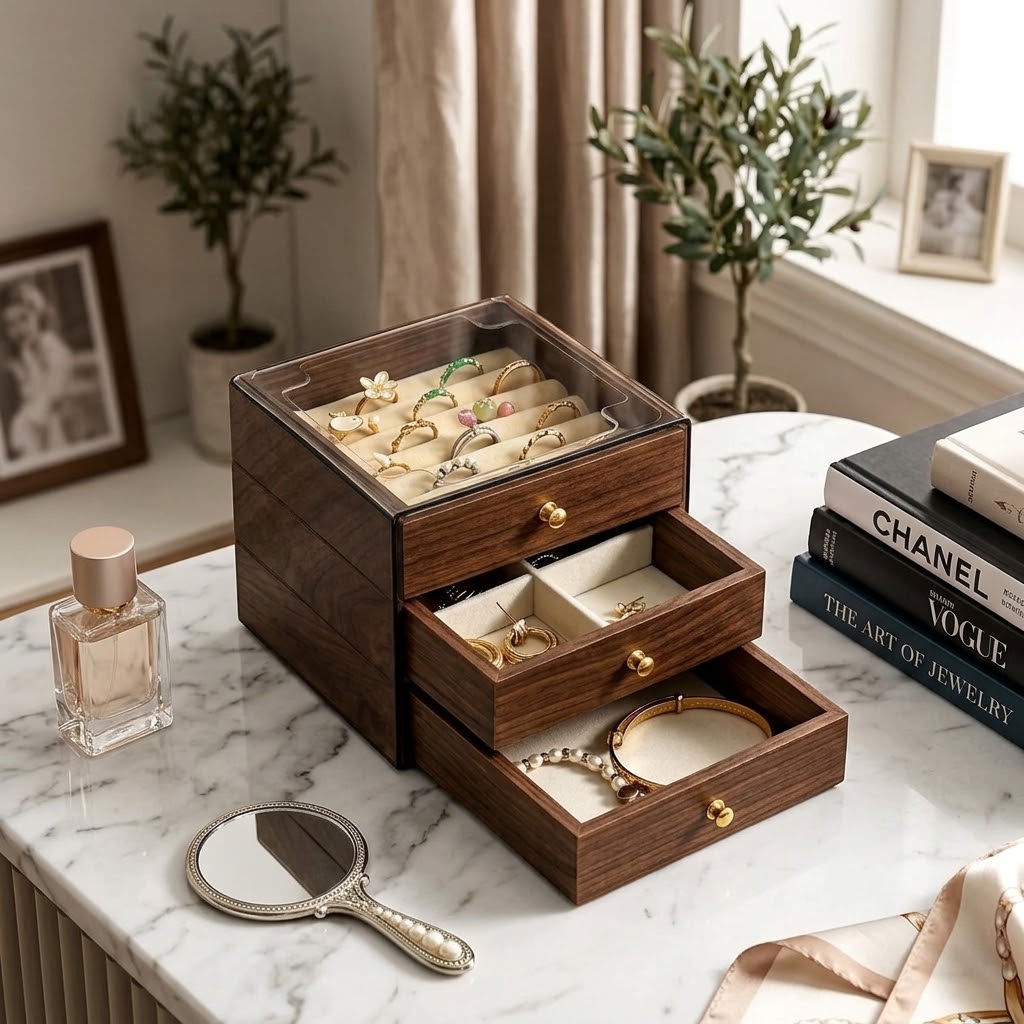 3-Tier Wooden Jewellery Storage Box with Glass Display Lid