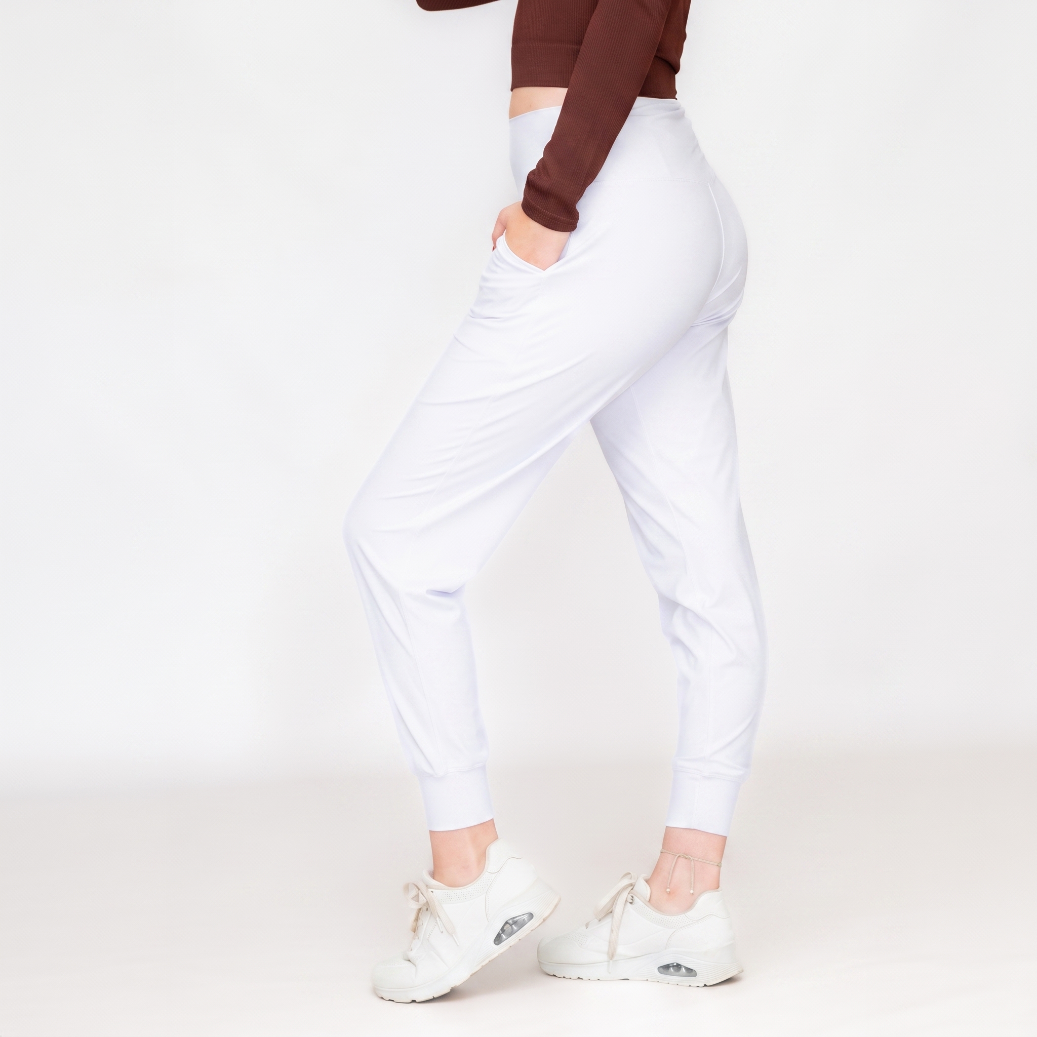 Ladies Buttery Soft White High Waisted Jogger Leggings with Pockets