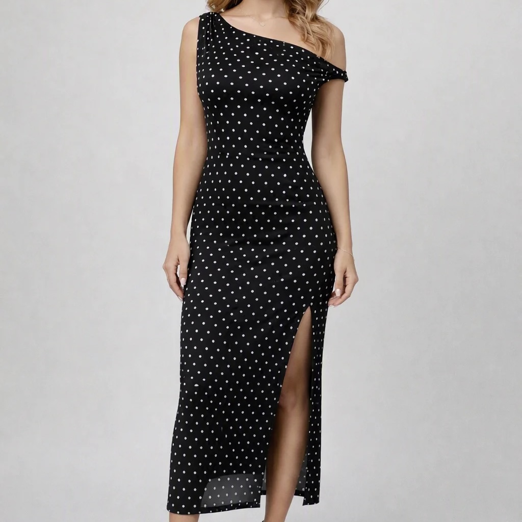 Ladies One-Shoulder Polka Dot Mesh Column Dress with Side Slit