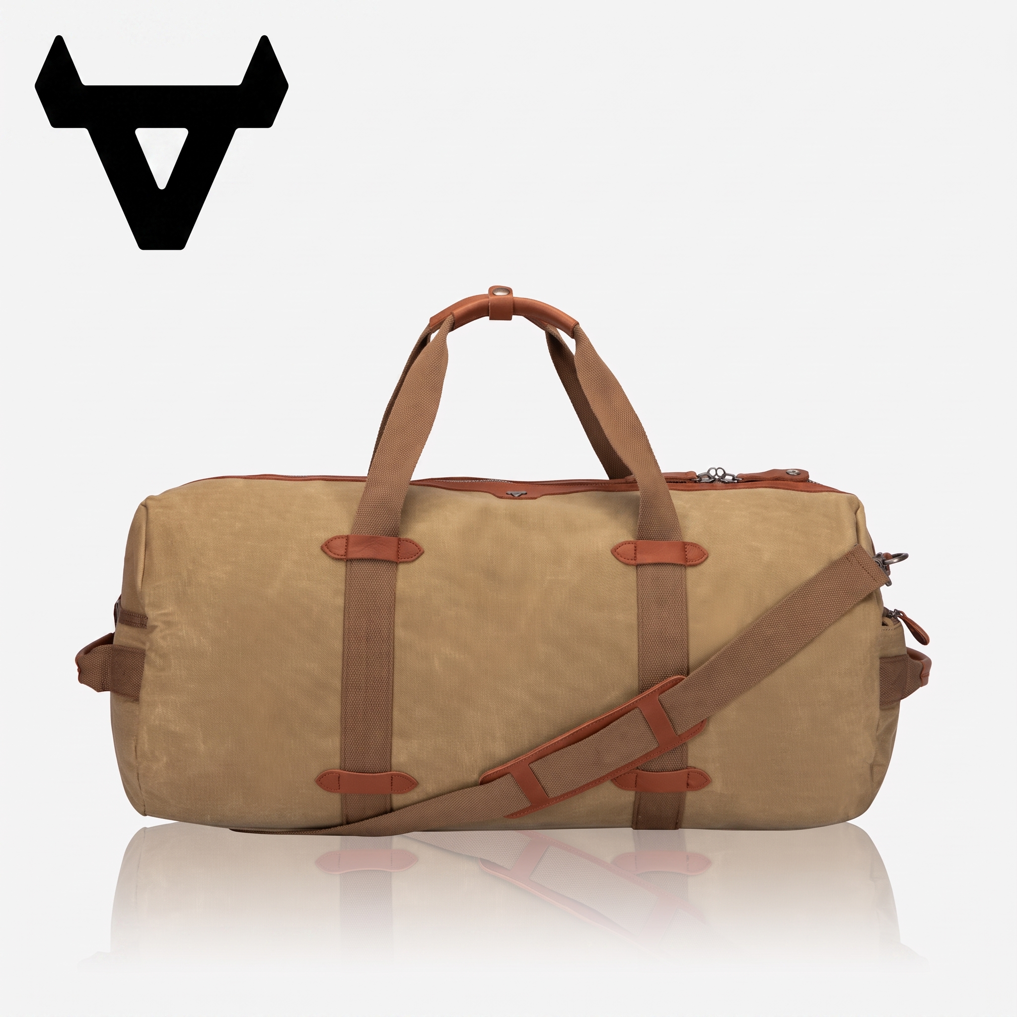 Genuine Leather & Canvas Weekender Khaki Duffel Bag