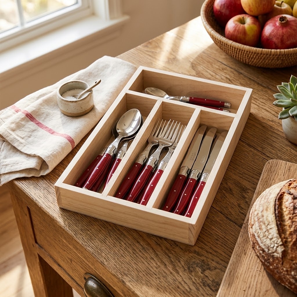 24-Piece Cherry Red Cutlery Set in Wooden Box