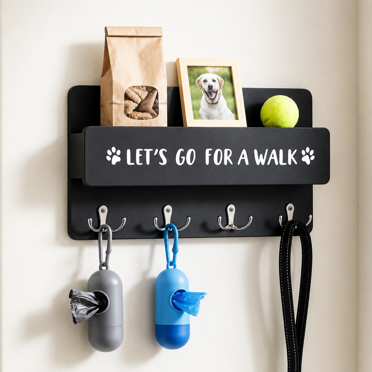 Wall-Mounted Pet Leash and Accessory Organiser with Shelf and Hooks