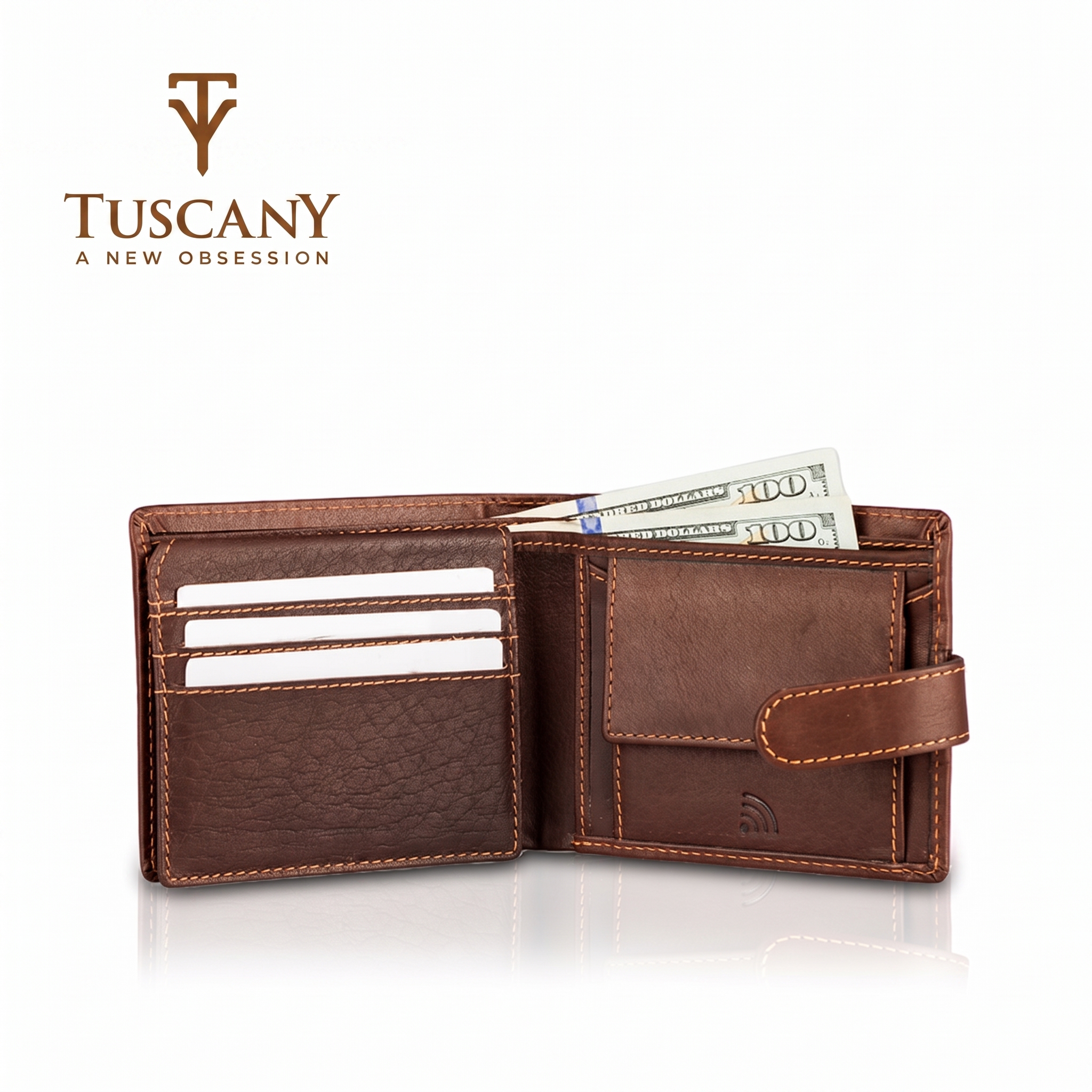 Genuine Leather Bifold Wallet with Coin and ID Window