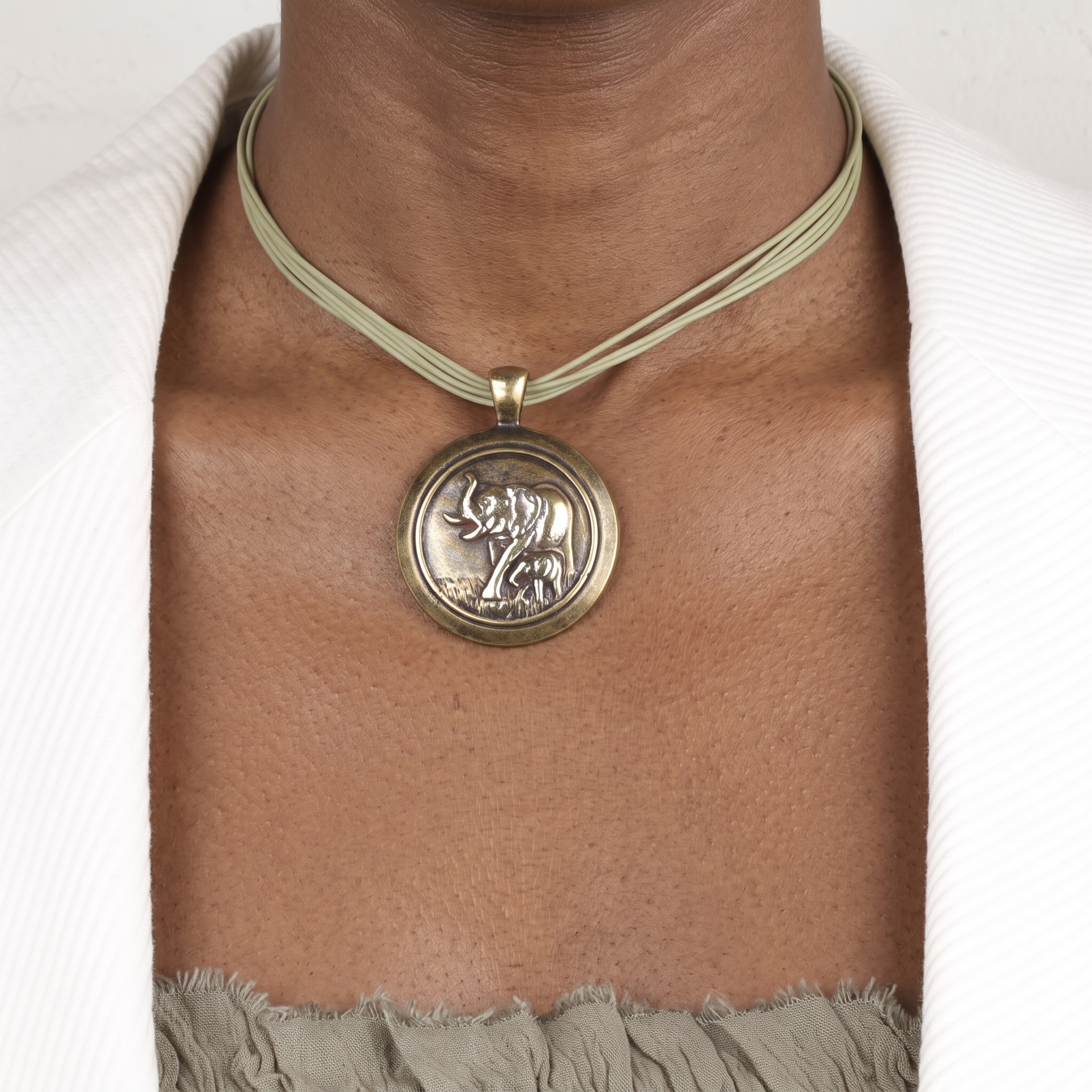Eco Glam Thong Necklace with Bronze Elephant Pendant