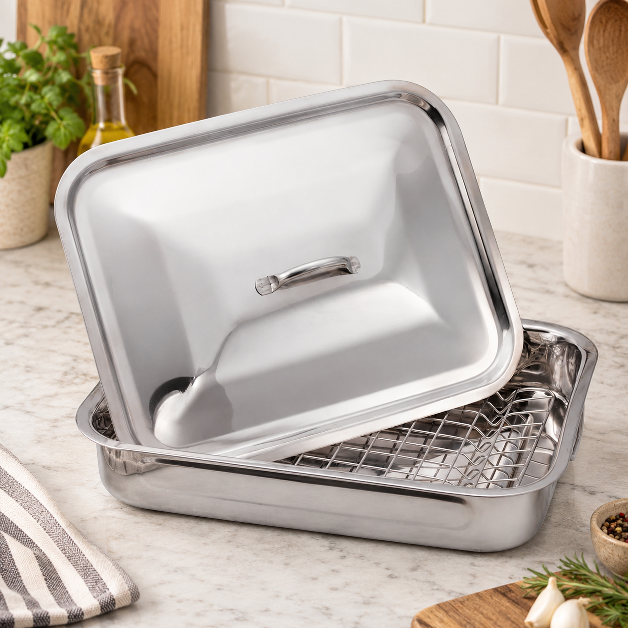 37cm Stainless Steel Roaster Pan with Wire Rack and Lid