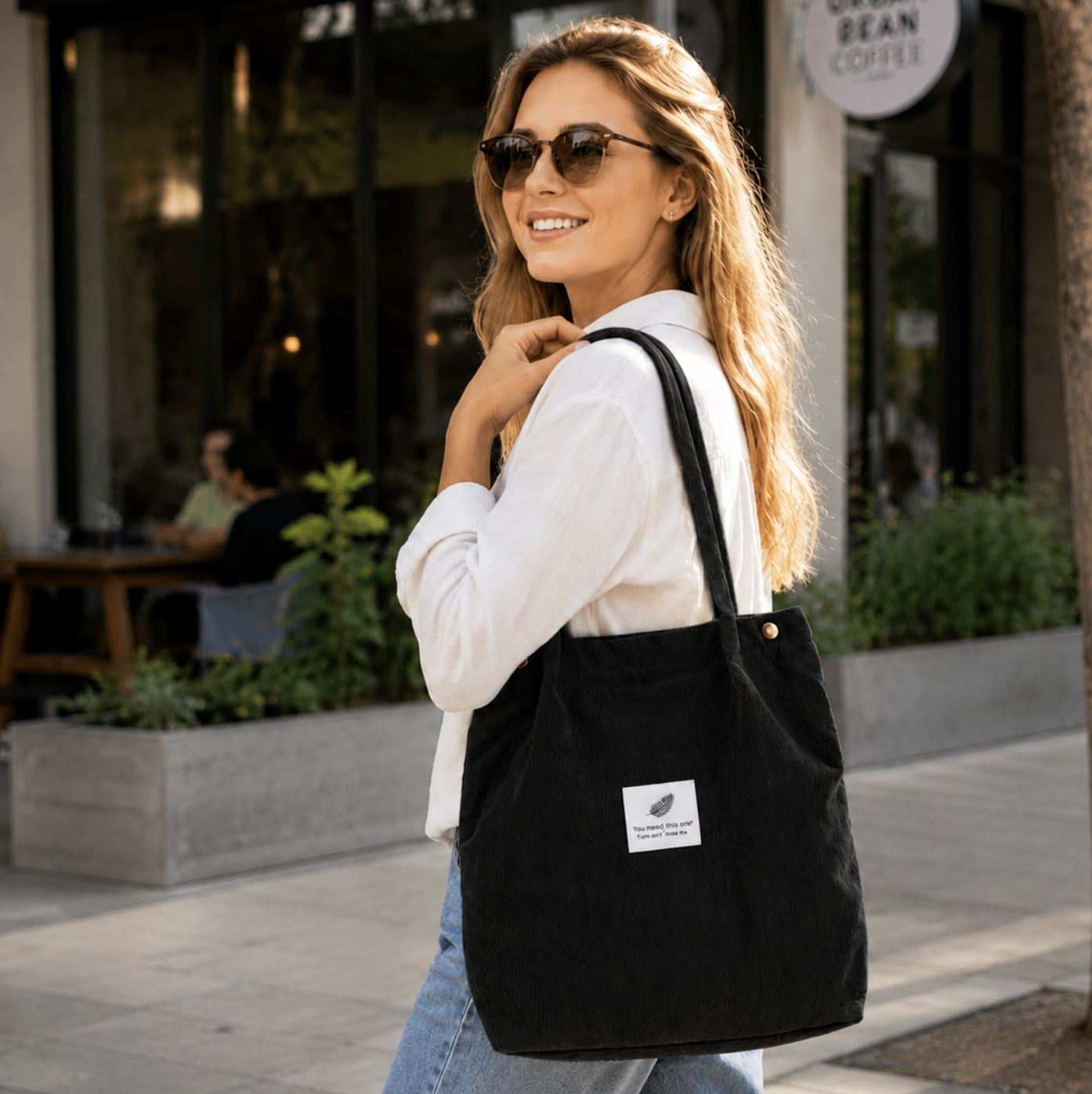 Corduroy Tote Bag with Clip Closure