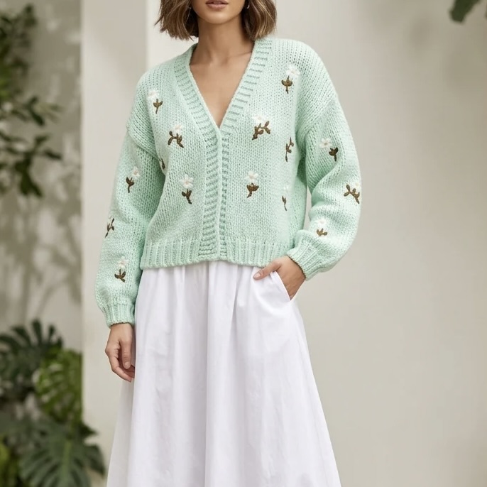 Ladies Embroidered Daisy Knit Cardigan