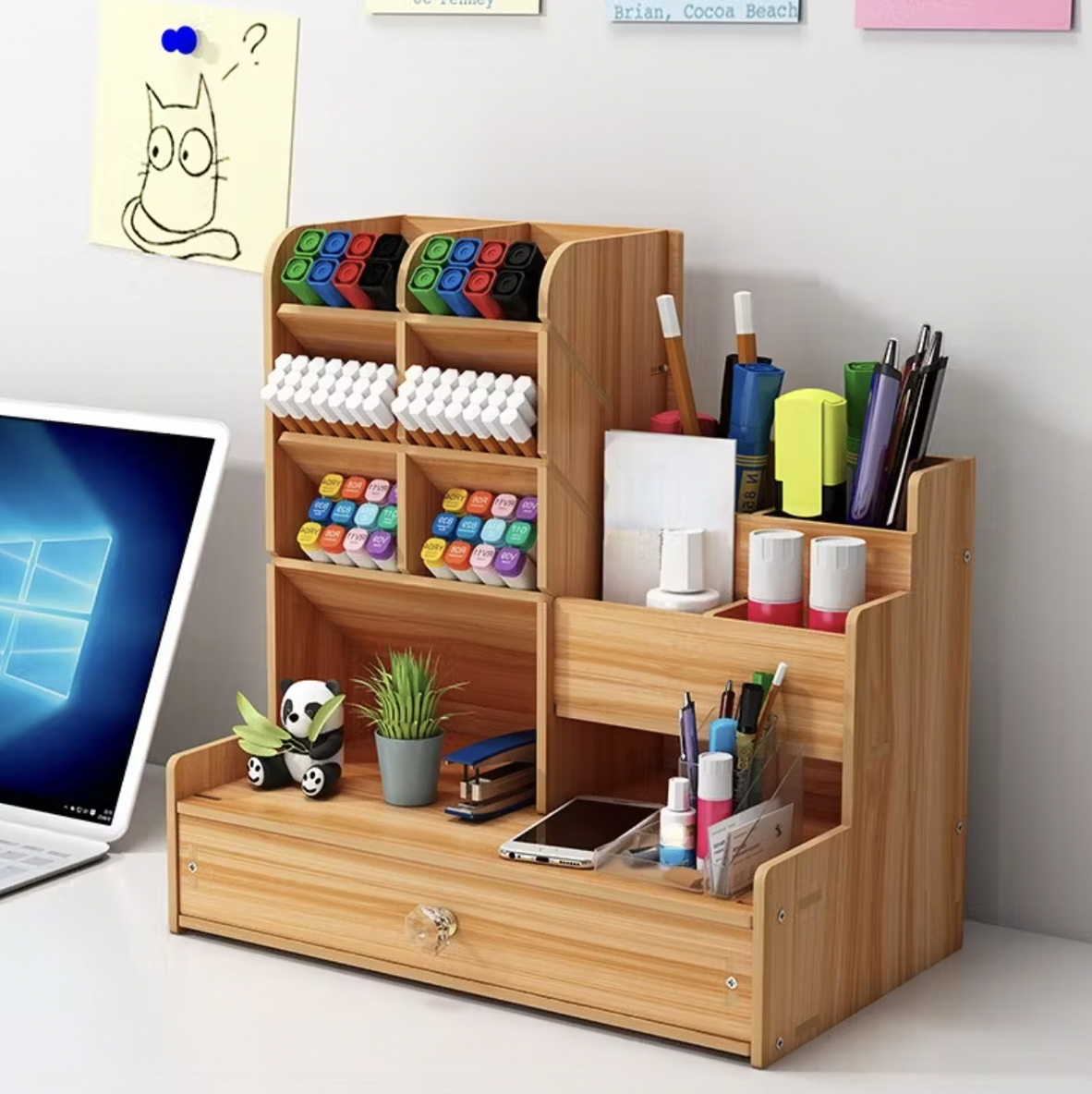 Multi-Compartment Wooden Desk Organiser