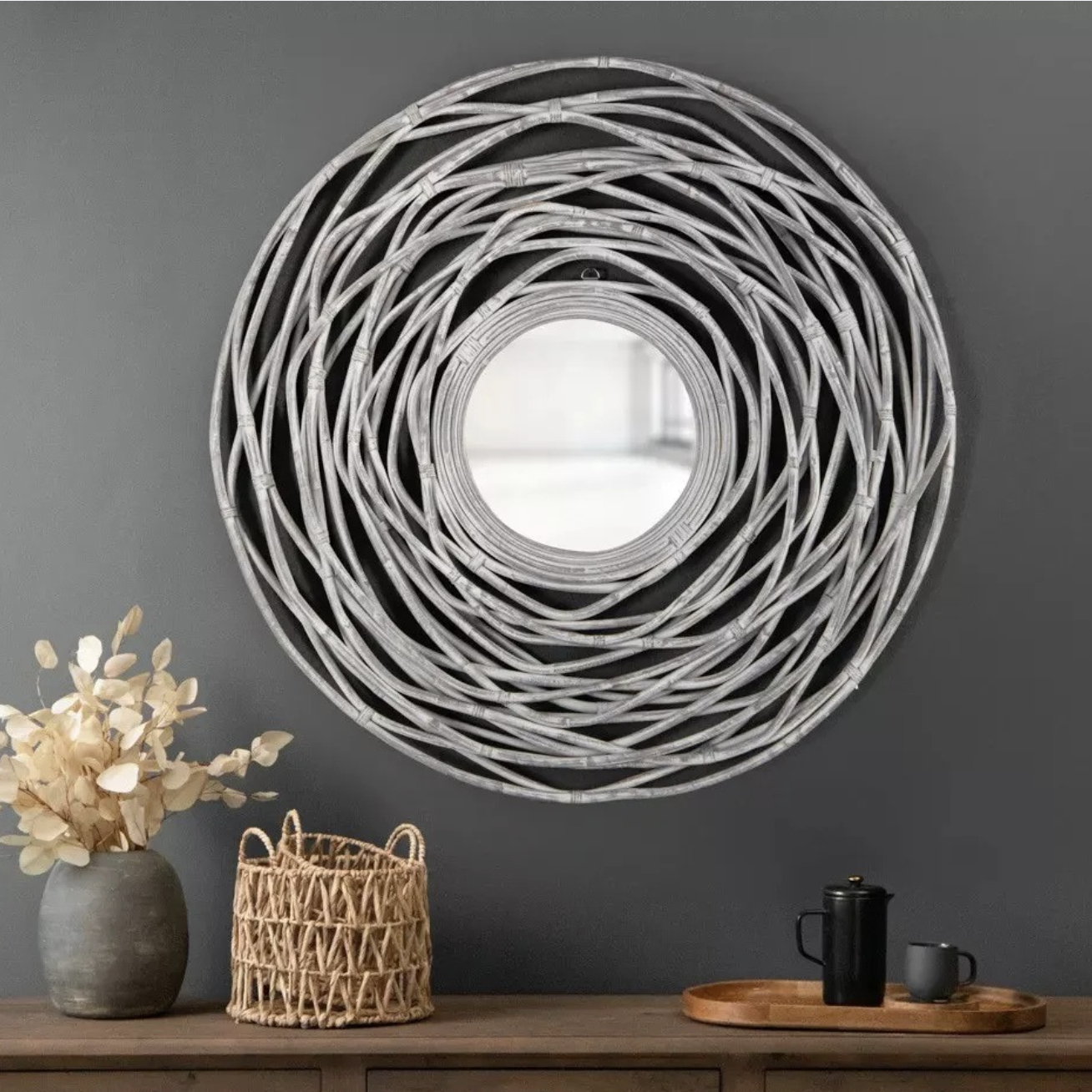 Large Mirror with Polished Rattan Frame