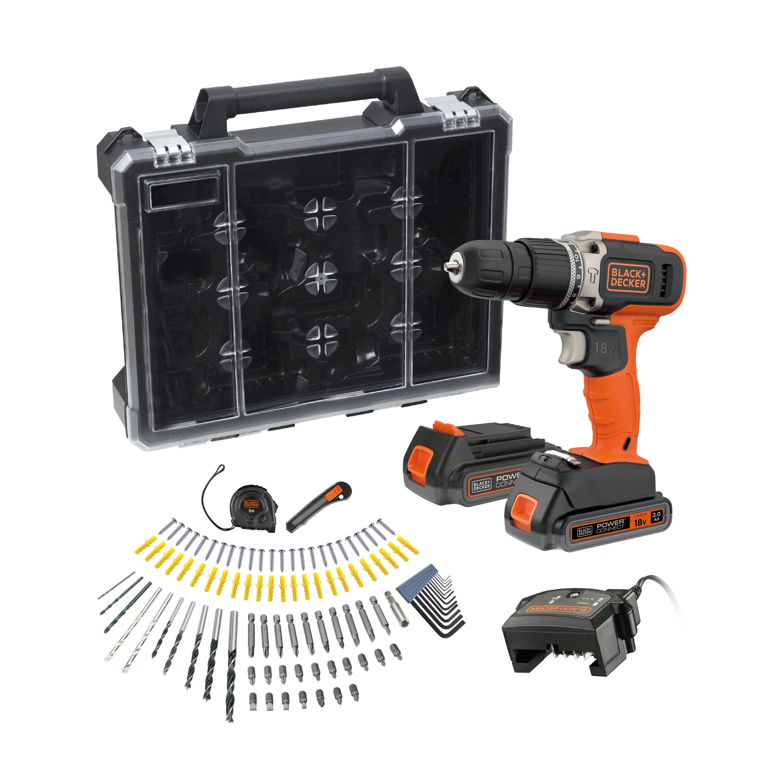 18V Hammer Drill with 2x Batteries and 100-Piece Accessories set in Storage Case (Model:BCD003D2AMB-QW)