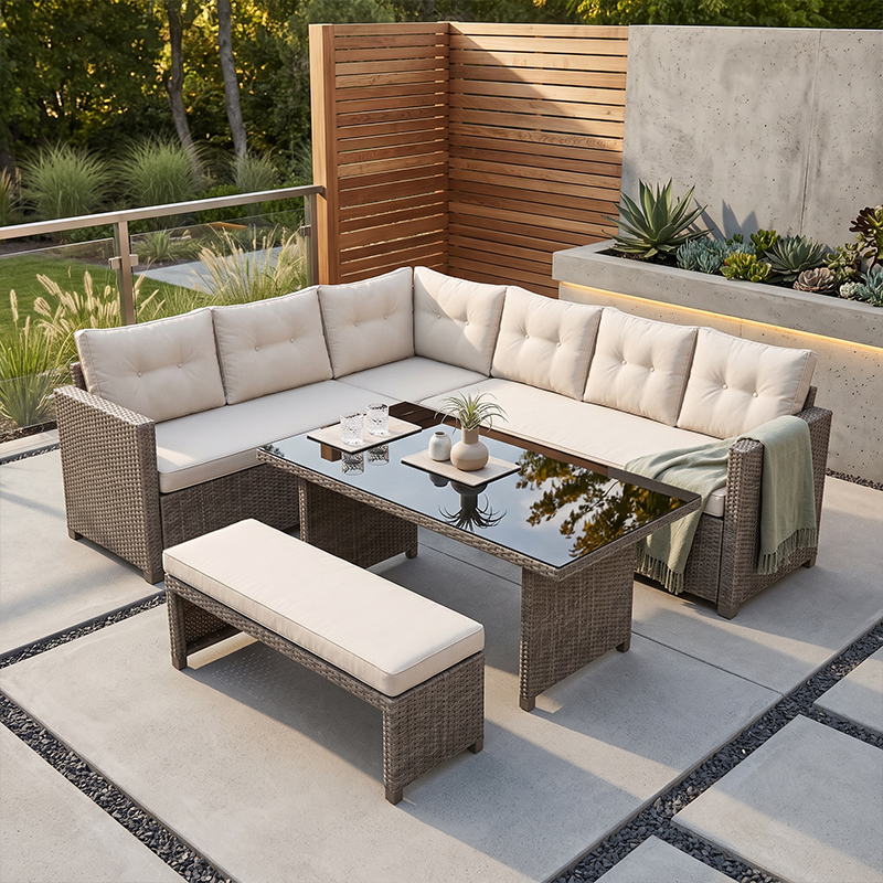 Wicker Patio Corner Lounge Set with Glass Table