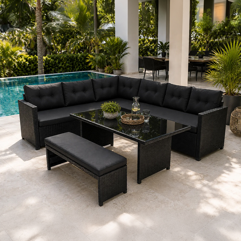 Wicker Patio Corner Lounge Set with Glass Table