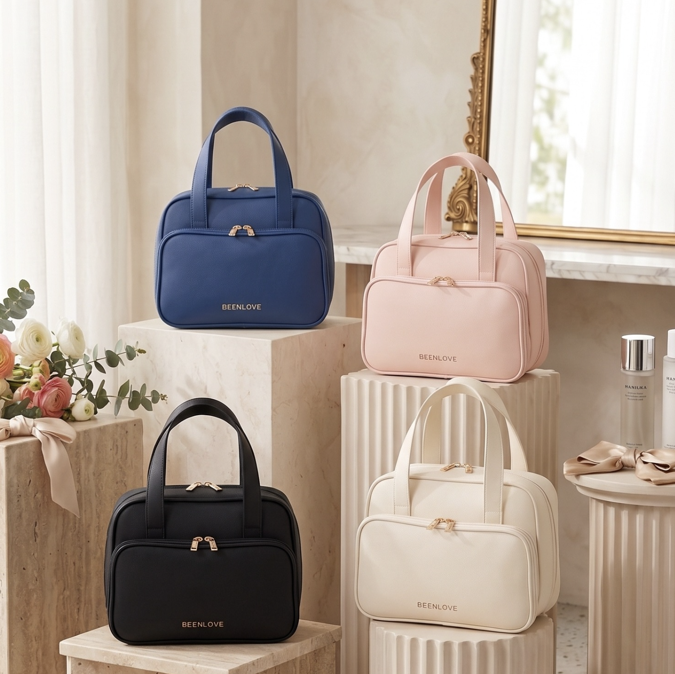 Multi-Pocket PU Leather Cosmetic Bag with Handle