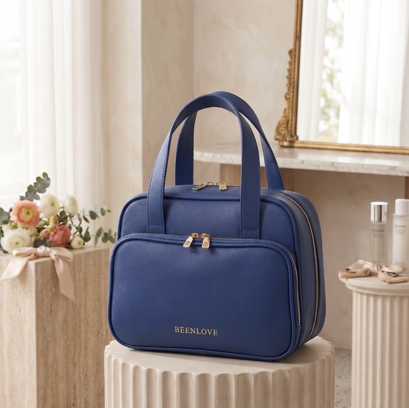 Multi-Pocket PU Leather Cosmetic Bag with Handle