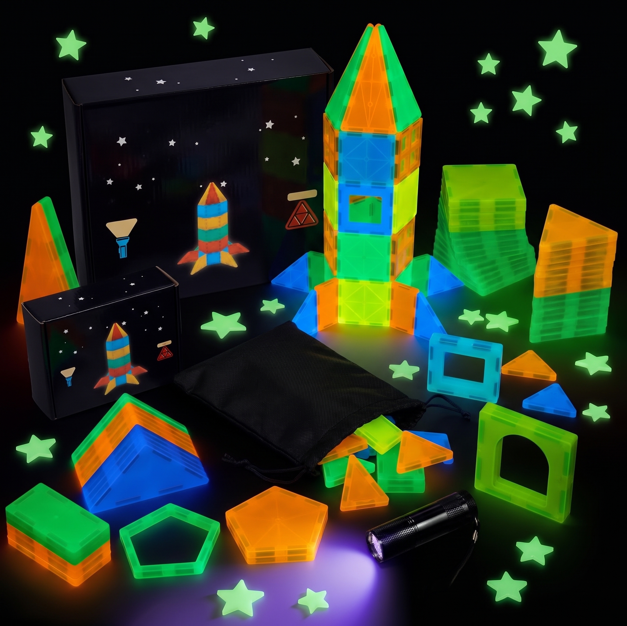 60-Piece Glow-in-the-Dark Magnetic Tiles with Travel Bag and UV Torch