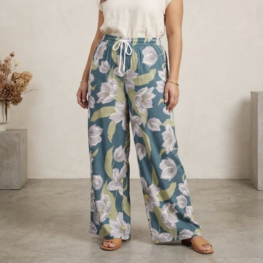 Ladies Floral Cotton Blend Wide Leg Pants
