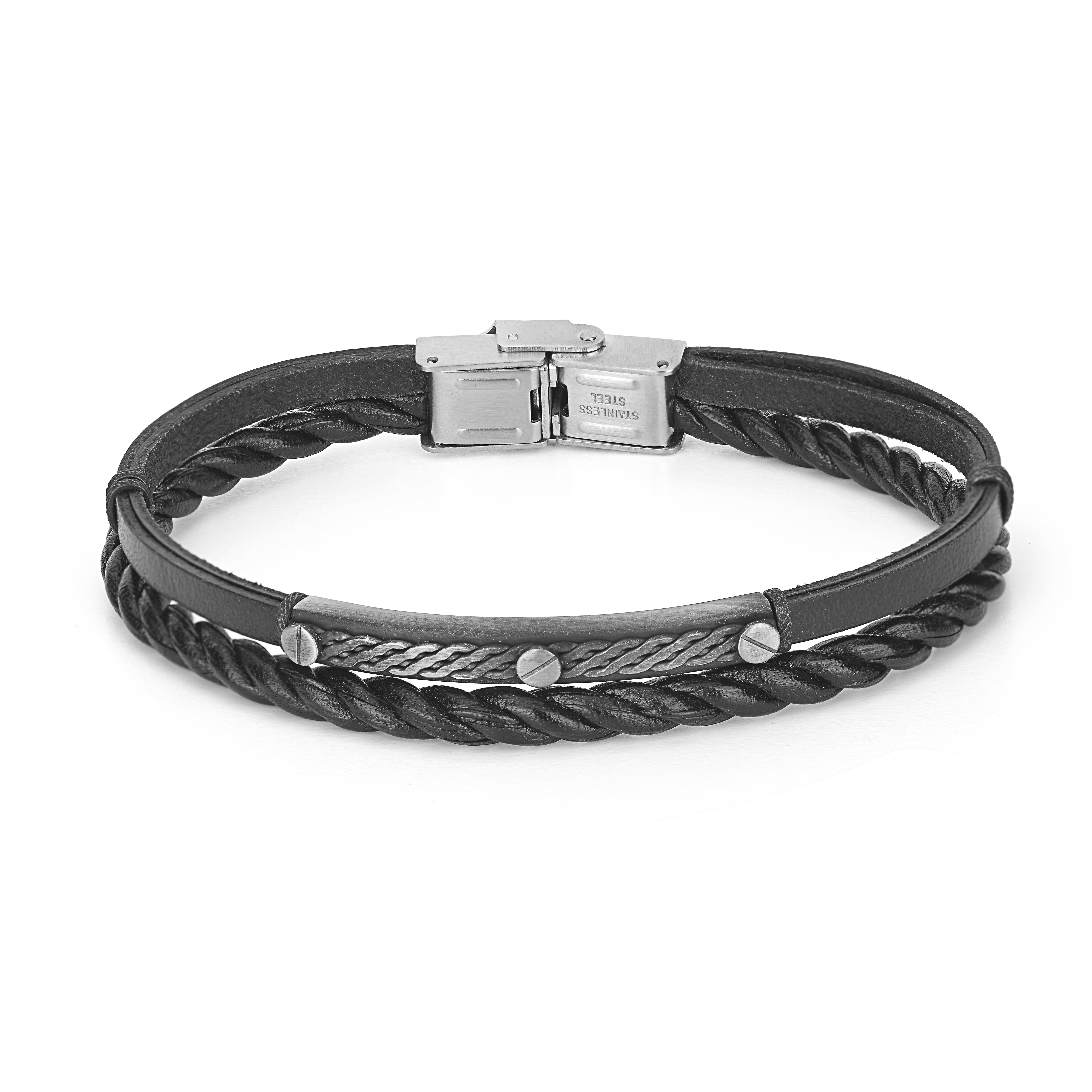 Genuine Leather Stainless Steel Screw Top Black Bracelet