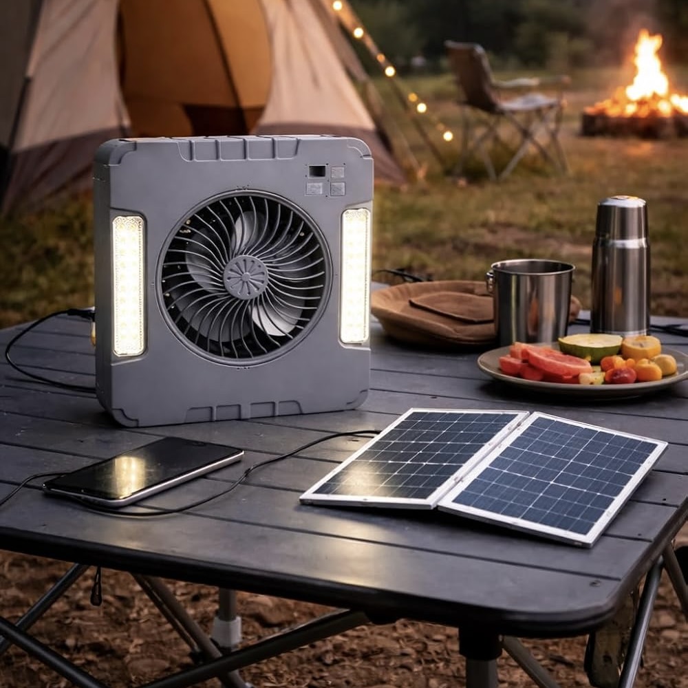 Portable Rechargeable Solar-Powered Camping Fan with LED Light