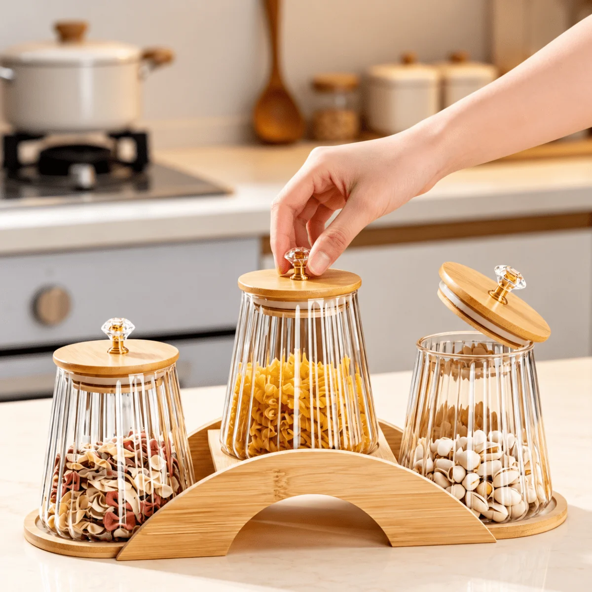 4-Piece Ribbed Glass Jar Set with Stand